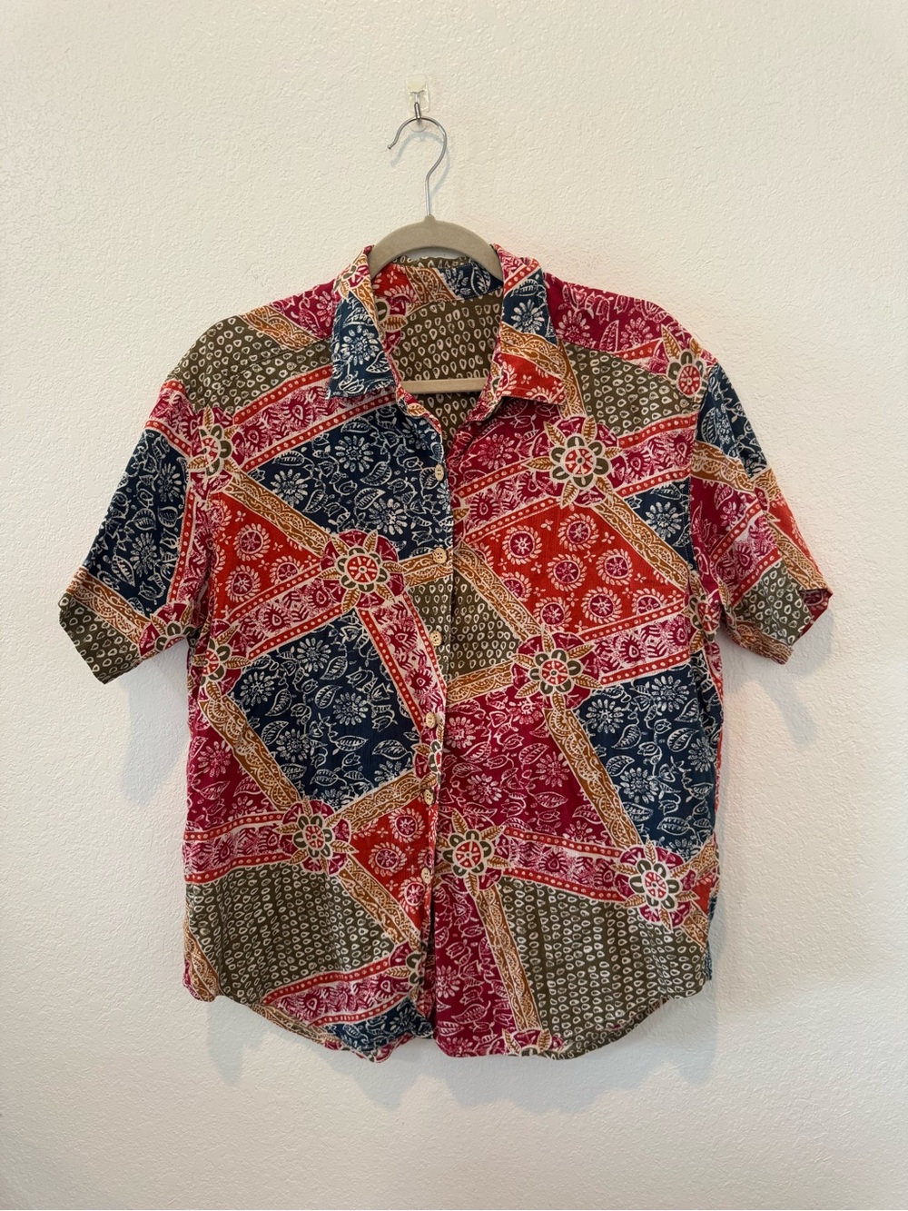 Men's Patchwork Button Down Shirt in Red & Blue Like New Boho